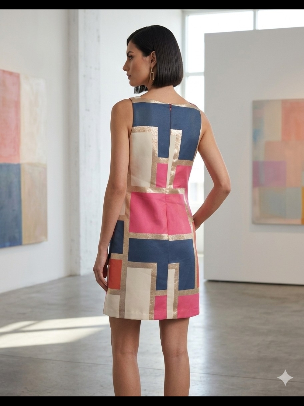 Colorblock Sleeveless Shift Dress in Coral, Pink, Navy & Cream - Picture 2 of 10